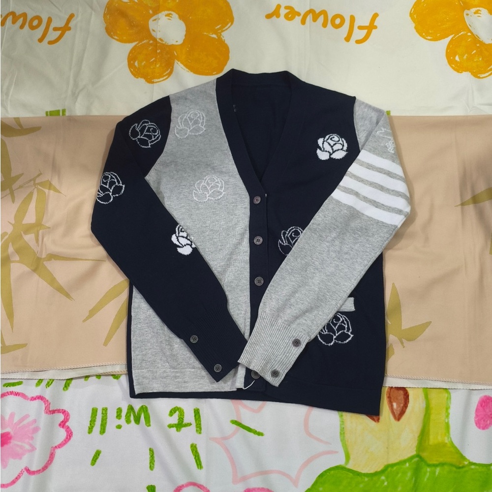 Thom Browne Navy and Gray Floral Patch V-Neck Cardigan